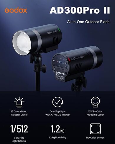 GODOX AD300 Pro II AD300Pro II Outdoor Strobe, 300Ws 2.4G TTL HSS 1/8000s, 0.01-1.5s Recycle, 350 Flashes, One-Tap Sync for X3/X3Pro, 12W Bi-Color Modeling Lamp, 1/512-1/1 Power, HD Color Screen in Kuwait
