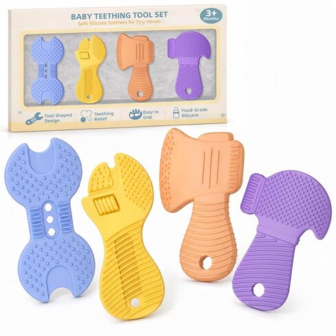 Baby Tool Teethers 4 Pack, Textured Sensory Teething Toys for Boys 0-6 Months, Wrench Screwdriver Hammer & Axe Silicone Chew Toys, Baby Shower Gifts for Newborn & Infants in Kuwait