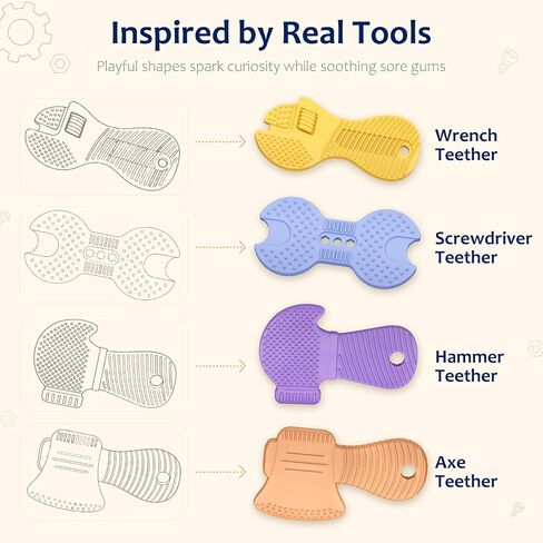 Baby Tool Teethers 4 Pack, Textured Sensory Teething Toys for Boys 0-6 Months, Wrench Screwdriver Hammer & Axe Silicone Chew Toys, Baby Shower Gifts for Newborn & Infants in Kuwait