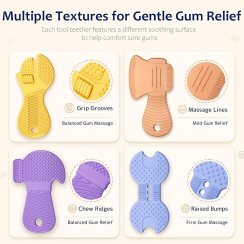 Baby Tool Teethers 4 Pack, Textured Sensory Teething Toys for Boys 0-6 Months, Wrench Screwdriver Hammer & Axe Silicone Chew Toys, Baby Shower Gifts for Newborn & Infants in Kuwait