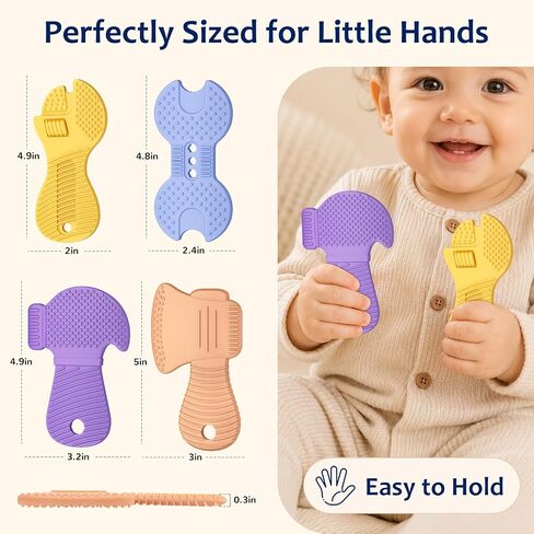 Baby Tool Teethers 4 Pack, Textured Sensory Teething Toys for Boys 0-6 Months, Wrench Screwdriver Hammer & Axe Silicone Chew Toys, Baby Shower Gifts for Newborn & Infants in Kuwait