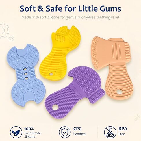 Baby Tool Teethers 4 Pack, Textured Sensory Teething Toys for Boys 0-6 Months, Wrench Screwdriver Hammer & Axe Silicone Chew Toys, Baby Shower Gifts for Newborn & Infants in Kuwait