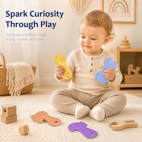 Baby Tool Teethers 4 Pack, Textured Sensory Teething Toys for Boys 0-6 Months, Wrench Screwdriver Hammer & Axe Silicone Chew Toys, Baby Shower Gifts for Newborn & Infants in Kuwait