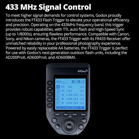 Godox FT433 C TTL Wireless Flash Trigger for Canon, 433MHz, HSS 1/8000s, 100m Range, LCD, 32 Ch, 1-99 ID, Front/Rear Curtain Sync, Bluetooth App Control, TCM, Single-Contact Rapid-Fire in Kuwait