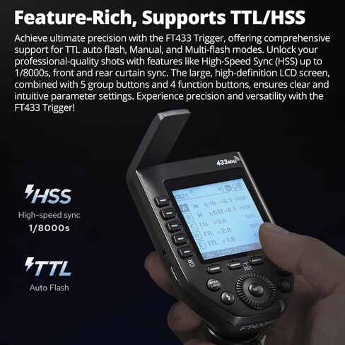 Godox FT433 C TTL Wireless Flash Trigger for Canon, 433MHz, HSS 1/8000s, 100m Range, LCD, 32 Ch, 1-99 ID, Front/Rear Curtain Sync, Bluetooth App Control, TCM, Single-Contact Rapid-Fire in Kuwait