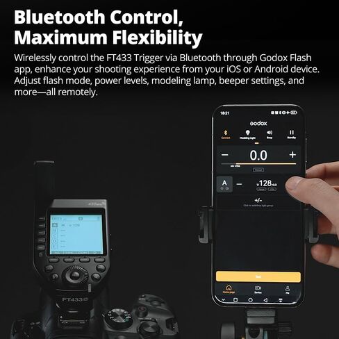 Godox FT433 C TTL Wireless Flash Trigger for Canon, 433MHz, HSS 1/8000s, 100m Range, LCD, 32 Ch, 1-99 ID, Front/Rear Curtain Sync, Bluetooth App Control, TCM, Single-Contact Rapid-Fire in Kuwait