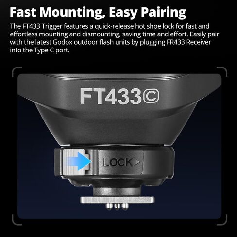 Godox FT433 C TTL Wireless Flash Trigger for Canon, 433MHz, HSS 1/8000s, 100m Range, LCD, 32 Ch, 1-99 ID, Front/Rear Curtain Sync, Bluetooth App Control, TCM, Single-Contact Rapid-Fire in Kuwait