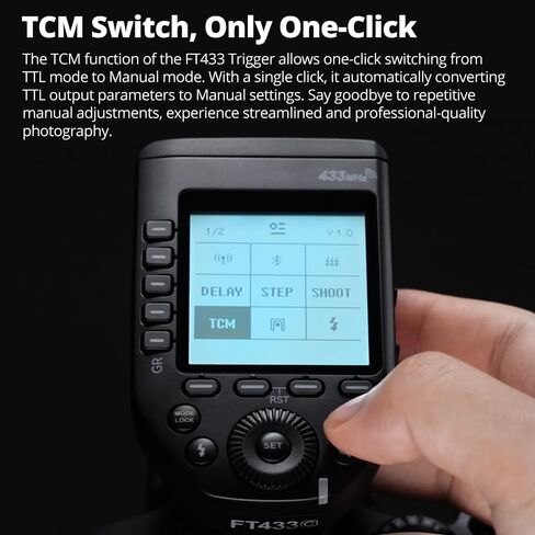 Godox FT433 C TTL Wireless Flash Trigger for Canon, 433MHz, HSS 1/8000s, 100m Range, LCD, 32 Ch, 1-99 ID, Front/Rear Curtain Sync, Bluetooth App Control, TCM, Single-Contact Rapid-Fire in Kuwait