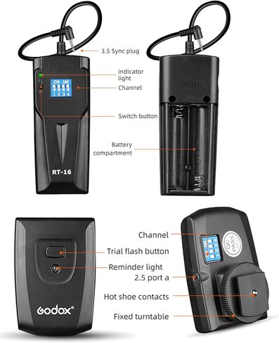 Godox RT-16 Wireless Flash Trigger Kit,2 in 1 Transmitter with Receiver for Studio Strobe Flash Photography,433MHz 16 Channels Trigger Compatible with Canon Nikon Sony Fujifilm Olympus Pentax Camera in Kuwait