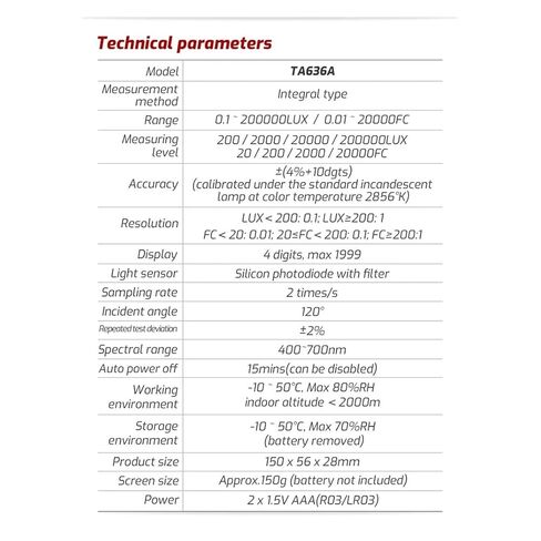 TA636A Professional Digital Lux Meter Handheld Illuminometer 0.1–200000 Lux / 0.01–20000 Fc in Kuwait