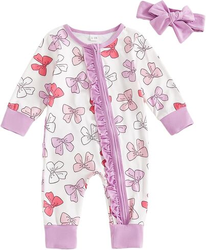 Ayalinggo Newborn Coming Home Outfit Girl Long Sleeve Zipper One Piece Romper Ruffle Jumpsuit Fall Baby Clothes 0 3 6 12 18M in Kuwait