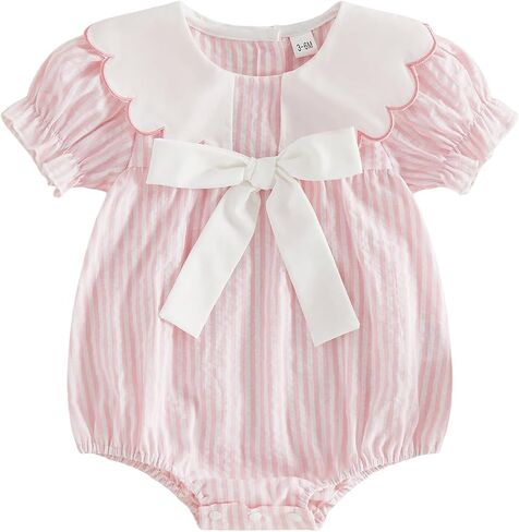 BemeyourBBs Baby Girl Bubble Romper Short Sleeve Peter Pan Collar Jumpsuit with Bow Cute Newborn Infant Girl Summer Clothes in Saudi Arabia