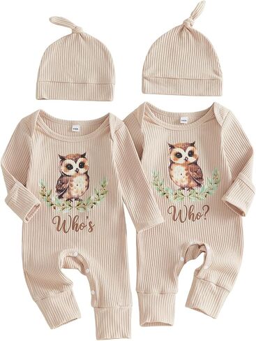 Newborn Baby Boy Girl Twins Matching Outfits Knit Romper Jumpsuit | Who's Who Owl Newborn Twins Baby Boy Girl Clothes, Long Sleeve Bodysuit with Mitten Cuffs, Twins Baby Boy Girl Fall Clothes in Kuwait