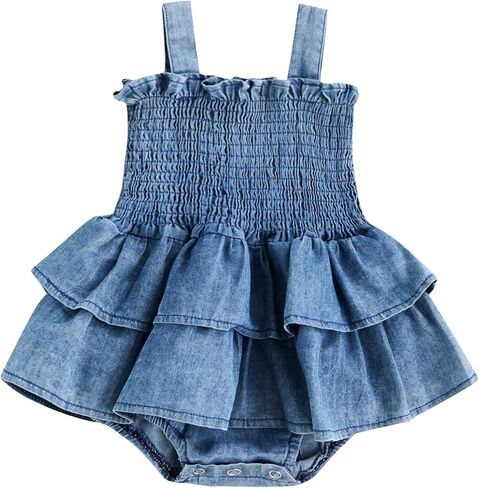 Baby Girl Denim Dress, Newborn Summer Jean Outfits, Sleeveless Romper Clothes Pleated Ruffle Hem Jumpsuits in Kuwait
