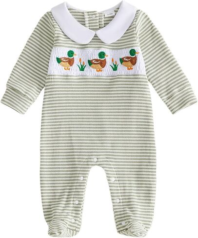 Bagilaanoe Newborn Baby Boy Footie Romper Waffle Knit Outfit Fall Jumpsuit | Duck/Football Embroidery, Collared, Long Sleeve Jumpsuit Baby Boy Footed One Piece Clothes in Kuwait
