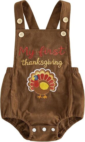 Newborn Baby Boy Girl Thanksgiving Outfit Infant Corduroy Overall Bubble Romper Turkey/Croissant Sleeveless Bodysuit in Kuwait