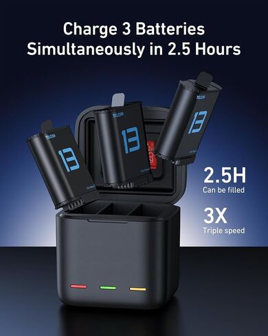 TELESIN Battery Charger for GoPro Hero 13 Black Triple Slot Charging Case | USB-C cable included | LED status indicators | Compact battery storage | Built-in safety protection | Travel ready in Kuwait