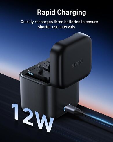 TELESIN Battery Charger for GoPro Hero 13 Black Triple Slot Charging Case | USB-C cable included | LED status indicators | Compact battery storage | Built-in safety protection | Travel ready in Kuwait