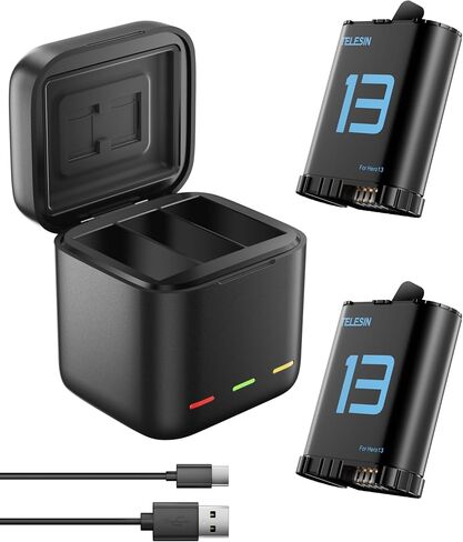 TELESIN Battery Charger Kit for GoPro Hero13 Black 2-Pack 1950mAh Batteries | Simultaneous Triple Charging Case | Fast Type C charge | Compact travel size | 7-tier full safety protection | Outdoor ready in Kuwait
