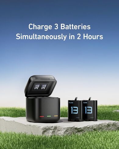 TELESIN Battery Charger Kit for GoPro Hero13 Black 2-Pack 1950mAh Batteries | Simultaneous Triple Charging Case | Fast Type C charge | Compact travel size | 7-tier full safety protection | Outdoor ready in Kuwait