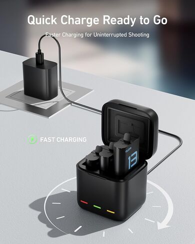 TELESIN Battery Charger Kit for GoPro Hero13 Black 2-Pack 1950mAh Batteries | Simultaneous Triple Charging Case | Fast Type C charge | Compact travel size | 7-tier full safety protection | Outdoor ready in Kuwait