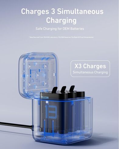 TELESIN Battery Charger Kit for GoPro Hero13 Black 2-Pack 1950mAh Batteries | Simultaneous Triple Charging Case | Fast Type C charge | Compact travel size | 7-tier full safety protection | Outdoor ready in Kuwait