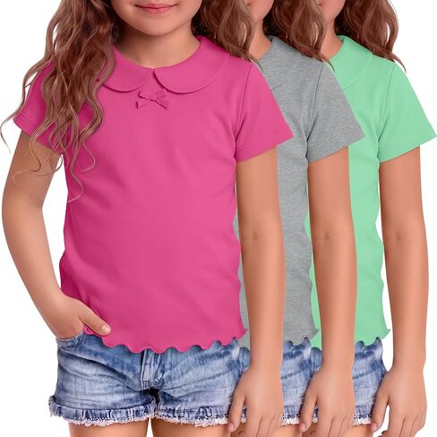 3 Pack Toddler Girls' Shirts School Uniform Short Sleeve Cute Blouses Lettuce Trim Doll Collar Casual Tops 18M-5T in Kuwait