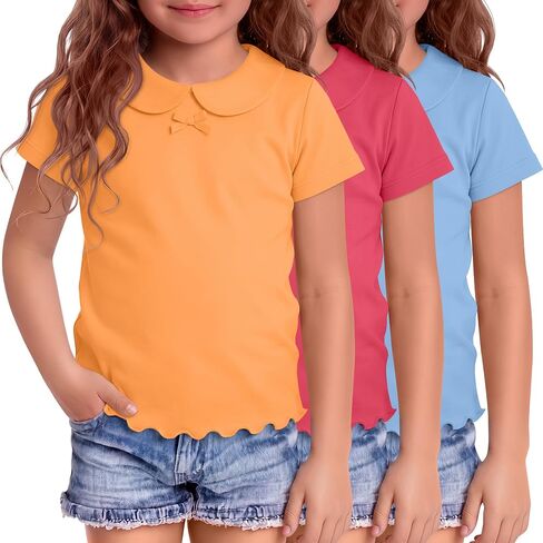 3 Pack Toddler Girls' School Shirts | Uniform, Collared, Short Sleeve, Cute, Blouses, Lettuce Trim, Doll Collar, Casual Tops, Size 18M-5T in Saudi Arabia