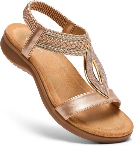 Littleplum Womens Bohemian Flat Sandals Comfortable Elastic Ankle Strap & Non Slip Walking Shoes With Arch Support For Summer Casual Vacation in Kuwait