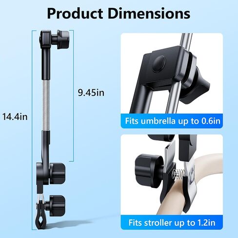 Umbrella Holder for Stroller Chair | 360° Adjustable Clamp Mount - Balck | Fits ≤1.8" Dia Handles, Universal Umbrella Attachment for Golf Cart Wheelchair Beach Chair Camping Chair Outdoor Auto Scooter in Kuwait