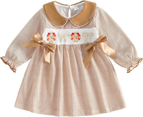 Toddler Girl Thanksgiving Outfit Letter Croissant Turkey Bow Dress | Little Girls Peter Pan Collared Striped Long Sleeve Outfits Kids A-line Cute Fall Winter Smocked Dresses in Kuwait