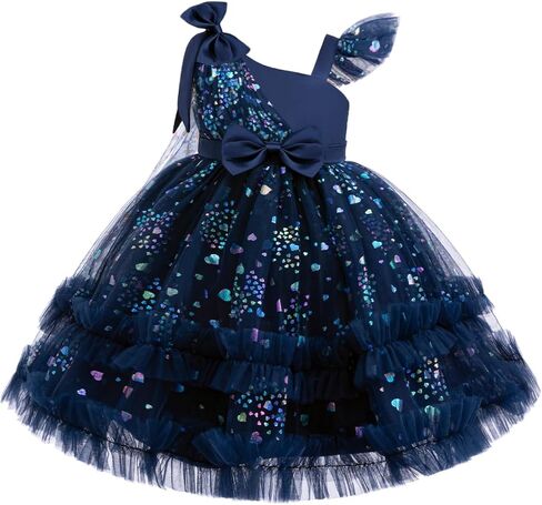 Toddler Baby Girls One Shoulder Formal Ruffle Princess Dress Bowknot Sequins Heart Ball Gown Party Pageant Lace Dresses in Kuwait