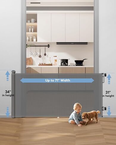 Retractable Baby Gate for Stairs – 34" Height, Expands up to 71" Width, Safety Gate for Infants, Toddlers, Dogs & Pets, Easy Install, Gray Puppy Gate for Indoor & Outdoor Use, Gray in Kuwait