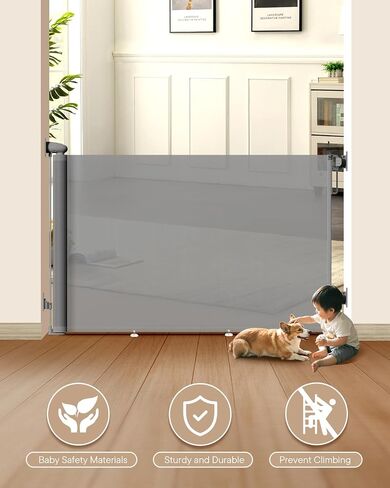 Retractable Baby Gate for Stairs – 34" Height, Expands up to 71" Width, Safety Gate for Infants, Toddlers, Dogs & Pets, Easy Install, Gray Puppy Gate for Indoor & Outdoor Use, Gray in Kuwait
