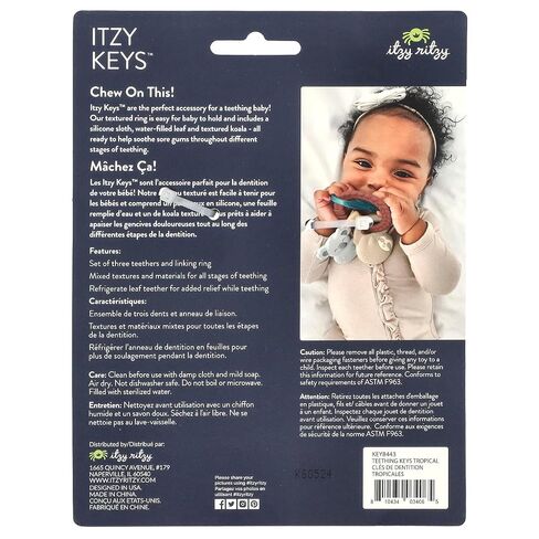 Itzy Ritzy Teething Keys Baby Teether Toy - Features a Braided Texture Ring & Keys, Includes a Water-Filled Leaf-Shaped Teether & Silicone Sloth & Koala Teething Toys, Ideal for Ages 3 Months & Up in Kuwait