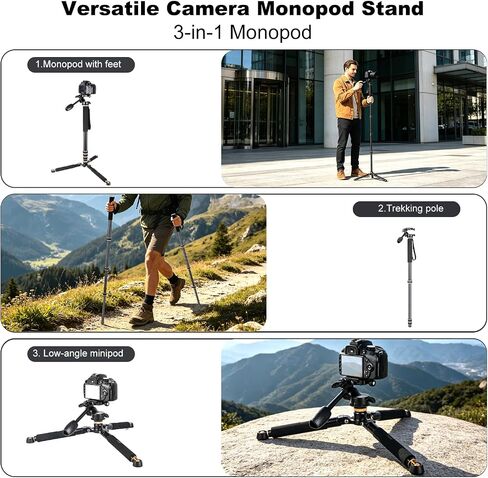 Koolehaoda 71.6" Camera Monopod with 3-Way Pan Tilt Head & Removable Base | Aluminum Portable Travel Monopod with Storage Bag for DSLR, Camcorder, Vlog & Sports Shooting in Kuwait