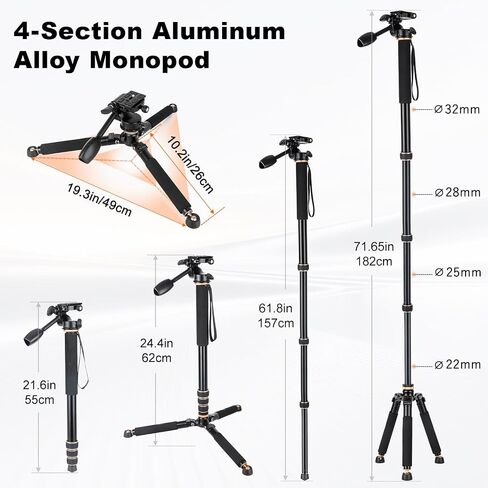Koolehaoda 71.6" Camera Monopod with 3-Way Pan Tilt Head & Removable Base | Aluminum Portable Travel Monopod with Storage Bag for DSLR, Camcorder, Vlog & Sports Shooting in Kuwait