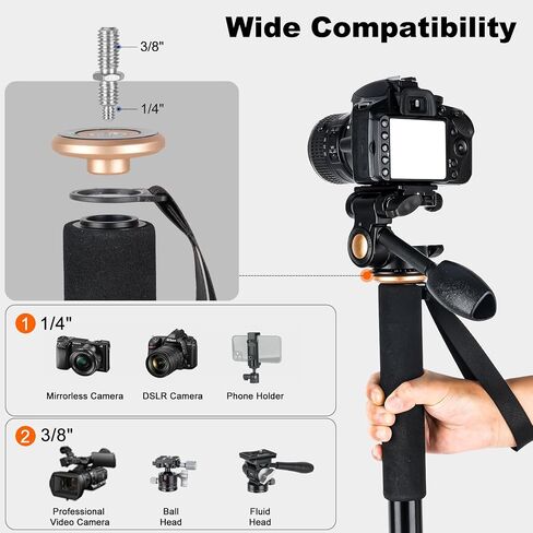 Koolehaoda 71.6" Camera Monopod with 3-Way Pan Tilt Head & Removable Base | Aluminum Portable Travel Monopod with Storage Bag for DSLR, Camcorder, Vlog & Sports Shooting in Kuwait