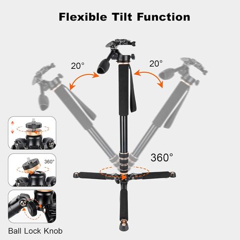 Koolehaoda 71.6" Camera Monopod with 3-Way Pan Tilt Head & Removable Base | Aluminum Portable Travel Monopod with Storage Bag for DSLR, Camcorder, Vlog & Sports Shooting in Kuwait