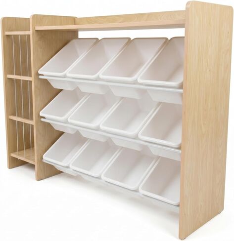 Humble Crew Kids Toy Storage Organizer with Bookshelf, 9 Bins, Solid Wood | Built in side bookshelf, removable bins, solid hardwood, compact 35 in wide, toddler friendly, for playrooms and nurseries in Kuwait