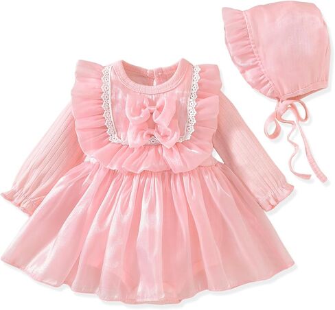 Infant Baby Girls Satin Christening Princess Dress with Double Layer Bonnet Hat for Preemie to 18 Months in Kuwait