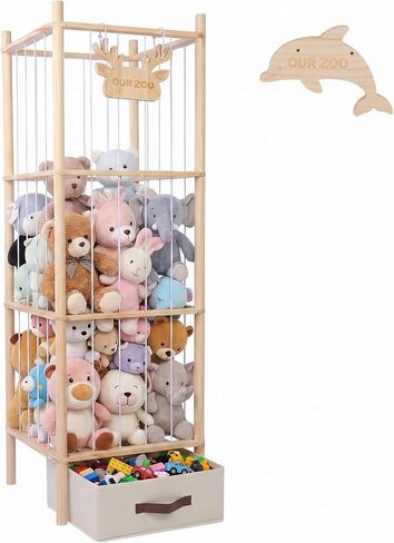 Stuffed Animal Storage Tower, 4-Tier Wooden Stuffed Animal Organizer Holder, Plushies Storage with Two Wooden Cute Zoo Signs for Nursery Playroom Bedroom in Kuwait