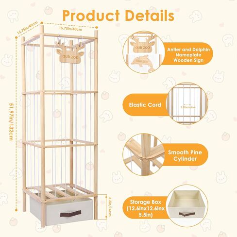 Stuffed Animal Storage Tower, 4-Tier Wooden Stuffed Animal Organizer Holder, Plushies Storage with Two Wooden Cute Zoo Signs for Nursery Playroom Bedroom in Kuwait