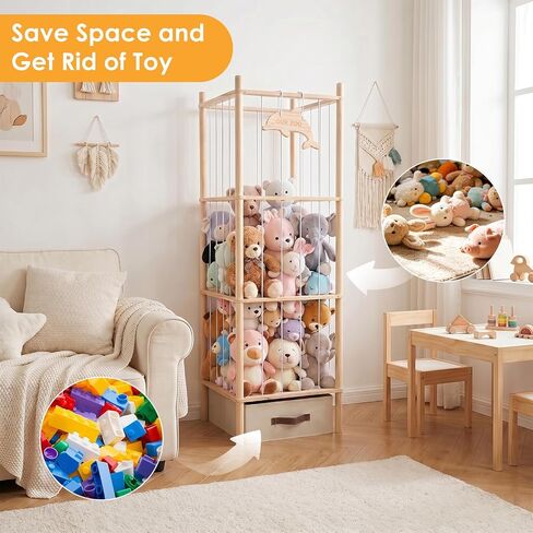 Stuffed Animal Storage Tower, 4-Tier Wooden Stuffed Animal Organizer Holder, Plushies Storage with Two Wooden Cute Zoo Signs for Nursery Playroom Bedroom in Kuwait