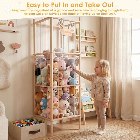 Stuffed Animal Storage Tower, 4-Tier Wooden Stuffed Animal Organizer Holder, Plushies Storage with Two Wooden Cute Zoo Signs for Nursery Playroom Bedroom in Kuwait