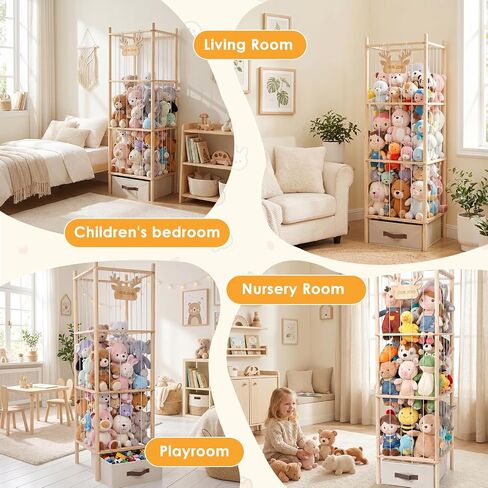 Stuffed Animal Storage Tower, 4-Tier Wooden Stuffed Animal Organizer Holder, Plushies Storage with Two Wooden Cute Zoo Signs for Nursery Playroom Bedroom in Kuwait