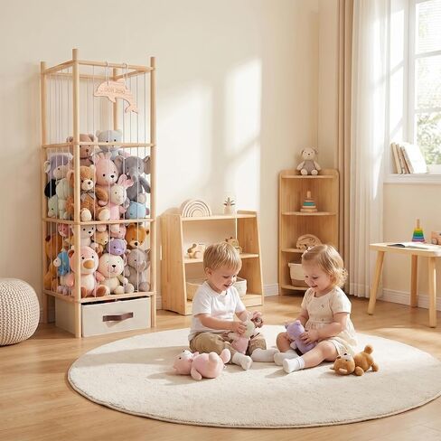 Stuffed Animal Storage Tower, 4-Tier Wooden Stuffed Animal Organizer Holder, Plushies Storage with Two Wooden Cute Zoo Signs for Nursery Playroom Bedroom in Kuwait