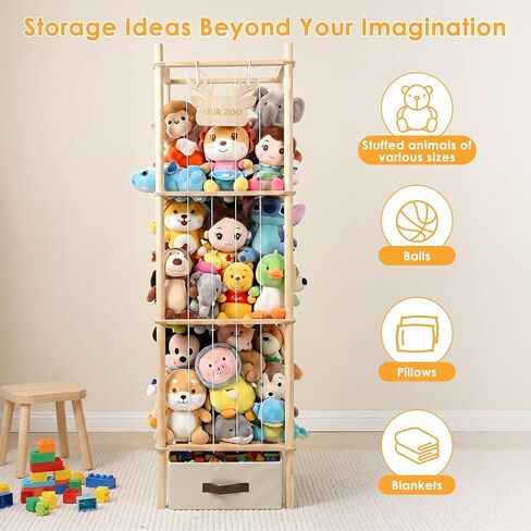 Stuffed Animal Storage Tower, 4-Tier Wooden Stuffed Animal Organizer Holder, Plushies Storage with Two Wooden Cute Zoo Signs for Nursery Playroom Bedroom in Kuwait