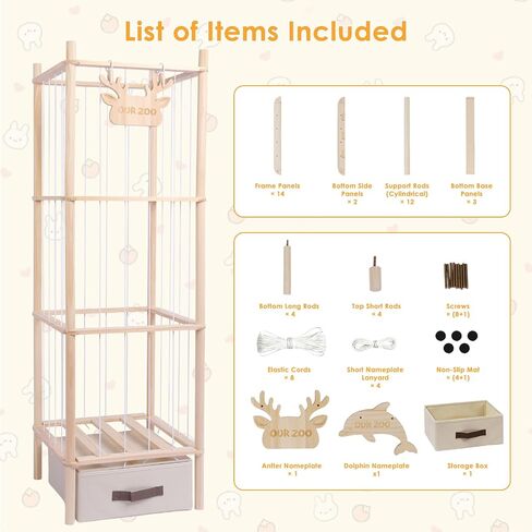 Stuffed Animal Storage Tower, 4-Tier Wooden Stuffed Animal Organizer Holder, Plushies Storage with Two Wooden Cute Zoo Signs for Nursery Playroom Bedroom in Kuwait