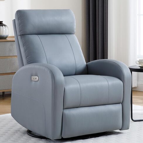 Power Swivel Rocker Recliner, Faux Leather Rocking Recliner Chair with USB Port, Swivel Glider Reclining Chair Nursery Recliners for Living Room, Blue in Kuwait